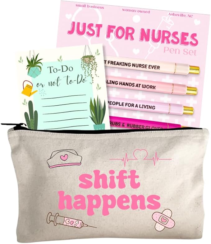 Moonlight Makers Funny Office Supplies Gift Set - Nurse Pen Set, To Do Or Not To Do Notepad, Shift Happens Zipper Pouch - Cute Stationery Sets for Women, Funny Gifts for Friends and Coworkers