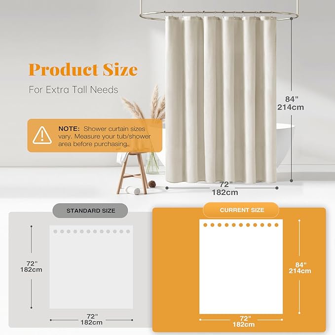 BTTN Long Fabric Shower Curtain - 72x80 Inch Linen Textured Heavy Duty Polyester Cloth Shower Curtain Set with 12 Plastic Hook, Hotel Luxury Waterproof Modern Shower Curtains for Bathroom, Light Cream