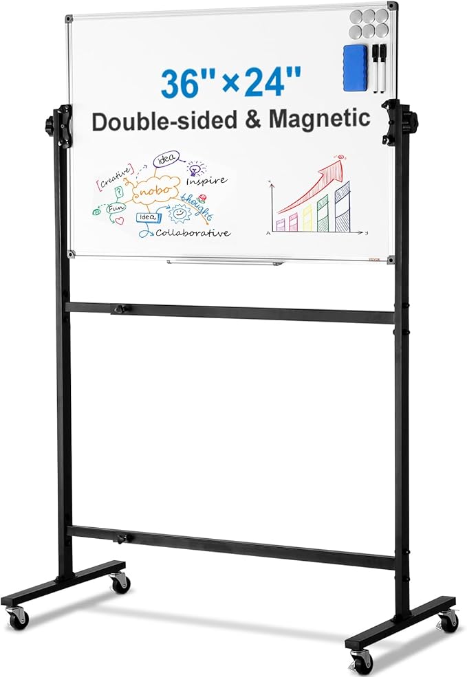 VEVOR Rolling Magnetic Whiteboard, Double-Sided Mobile Whiteboard 36x24 Inches, 360° Reversible Adjustable Height Dry Erase Board with Wheels & Movable Tray for Office, School