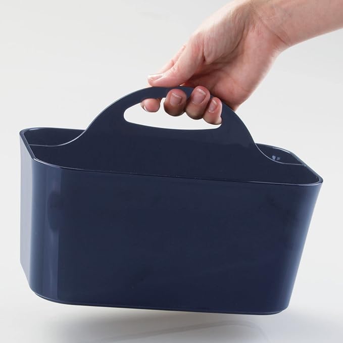 mDesign Plastic Portable Craft Storage Organizer Caddy Tote, Divided Basket Bin w/Handle - Craft, Sewing, Art Supplies - Holds Brushes, Colored Pencils - Lumiere Collection - Navy