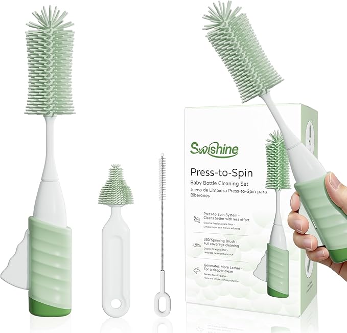 Bottle Brush Set, Innovative Efficient Press-to-Spin Brush Cleaner - Includes Silicone Baby Bottle Brush, Nipple Brush, Straw Cleaner - Spinning Generates Rich Foam for Deep Cleaning, Green