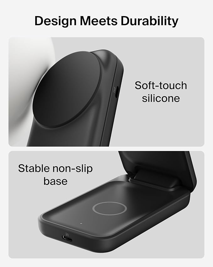 Belkin MagSafe Charger Compatible, 2-in-1 Charging Station, Qi2.2 25W Magnetic Wireless Charger Dock, Foldable Stand, with 5W USB-C Port, for iPhone 17/16/15, Pixel 10, AirPods (45W Adapter Included)