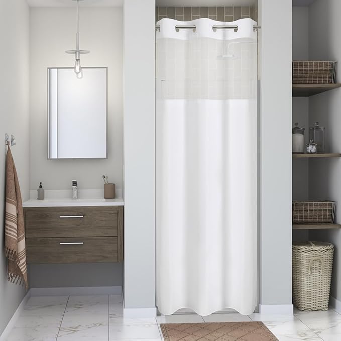 Stall No Hooks Needed White Shower Curtain with Snap-in Fabric Liner Set,Linen Textured Hotel Luxury Decor Shower Curtains for Bathroom with Mesh Top Window,Waterproof & Washable,36Wx74H,