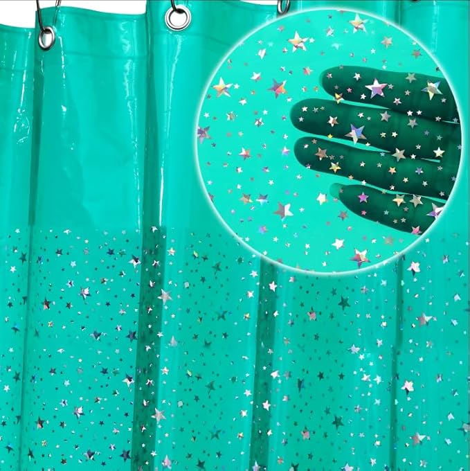 Green Holographic 3D EVA Shower Curtain Liner Glitter Star, 72x72 Premium Light Weight Plastic Bathroom Shower Curtain with Rustproof Metal Grommets for Shower Stall, Bathtubs(No Hooks)