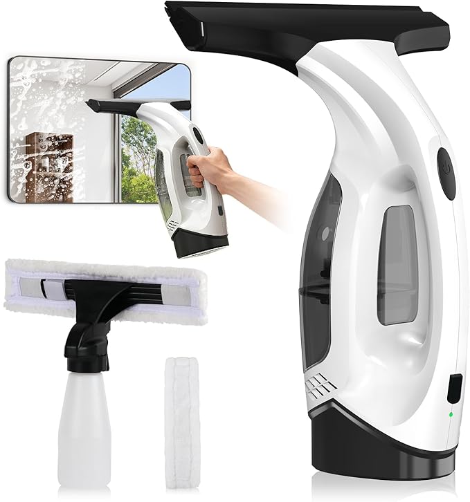 Window Vacuum Squeegee Cordless, 2000Pa Electric Window Cleaner Tool with 2200mAh & 150ml Water Collection Tank, Window Cleaning Kit Shower Squeegee for Glass Doors, Windows, Mirrors, Car (White)