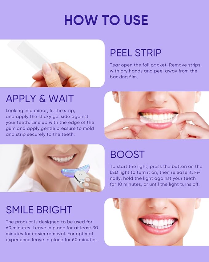 MySmile Non-Sensitive 10 Treatment Whitening Strips Kit with LED Light Tray 10 Min Fast Remove Coffee Wine Tobacco 20 Years of Stains Whitening Tooth Care Oral Safe for Enamel