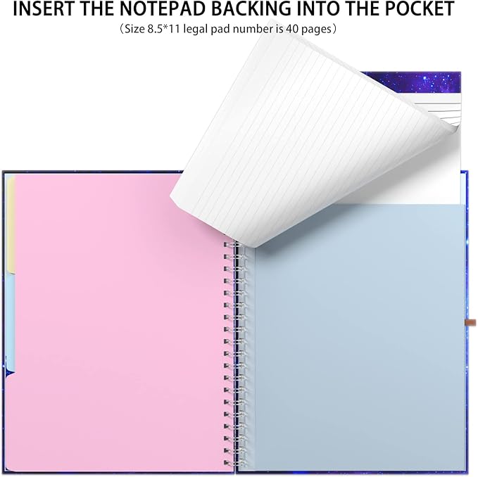 Rimilak Spiral Clipboard Folio with Refillable Lined Notepad, 14.5 x 9.8 In, Hardcover Cover with 5 Interior Pockets, Elastic Band and Pen Loop Series. Cute Stylish Clipfolio, Purple Nebula