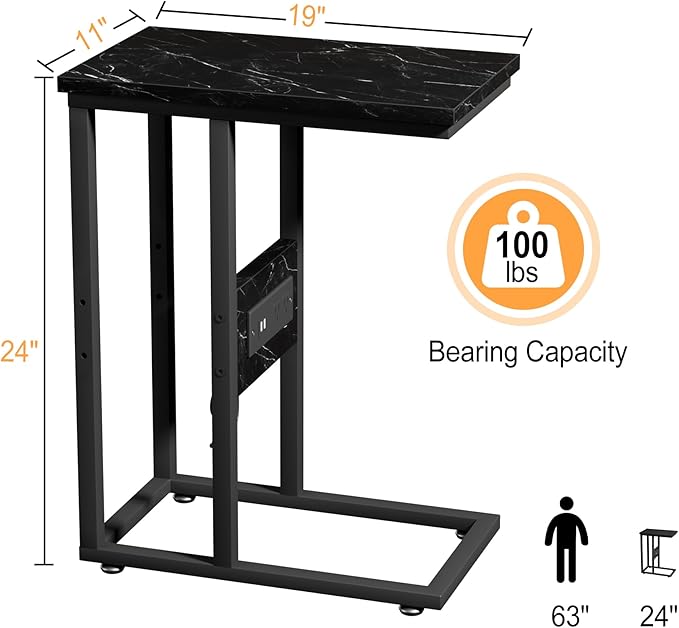 VECELO C Shaped End Table with Charging Station & Power Outlets, Quick Access Side Table for Sofa, C Bedside for Living Room Bedroom 2 Set,Black Marble