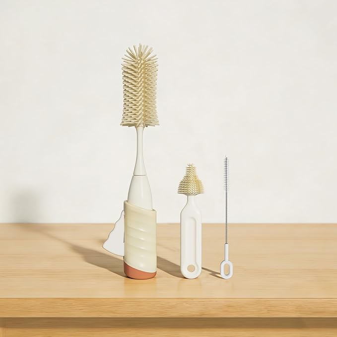 Bottle Brush Set, Innovative Efficient Press-to-Spin Brush Cleaner - Includes Silicone Baby Bottle Brush, Nipple Brush, Straw Cleaner - Spinning Generates Rich Foam for Deep Cleaning, Red