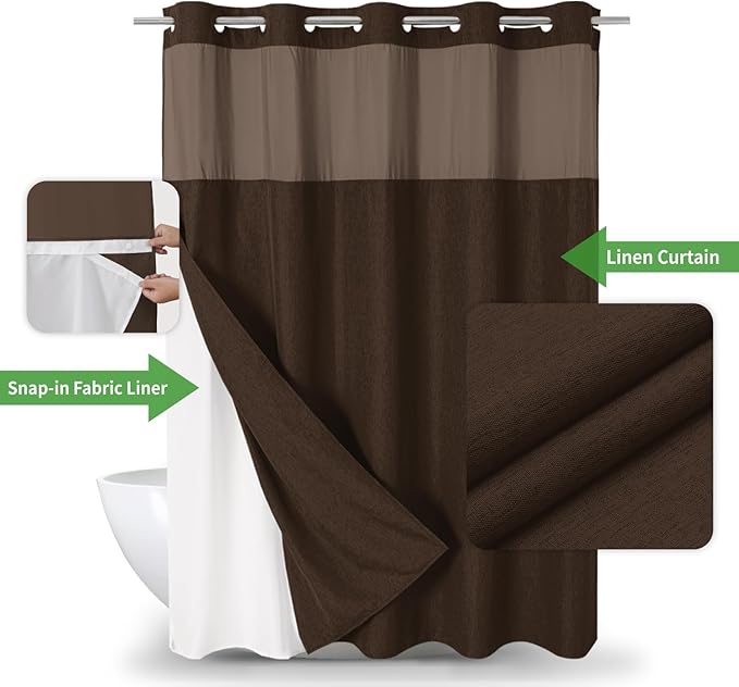 Long No Hooks Needed Linen Textured Shower Curtain with Snap-in Fabric Liner Set,Hotel Luxury Decor Shower Curtains for Bathroom,Waterproof & Washable,71Wx80H,Brown