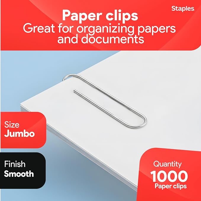 Staples Jumbo Paper Clips, Silver, 1,000 Pack – Large Steel Clips for Documents, Brochures & Office Organization