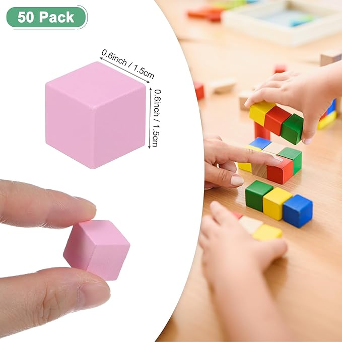 50-Pack DIY Wooden Cube, 0.6 Inch(1.5 Cm) Colored Natural Wood Blocks for Crafts Making Puzzle Games/Wedding/Home Decor/Dice/Building, Square Blank Block [Pink]