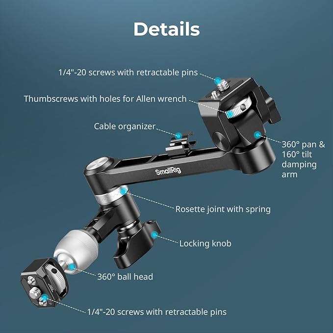 SMALLRIG Magic Arm with 360° Ball Head & Damping Arm, Monitor Mounts Designed for Shoulder or Tripod Shooting, Built-in Cable Organizer, 2.0kg (4.4lb) Load, 145mm (5.7") Length 5141