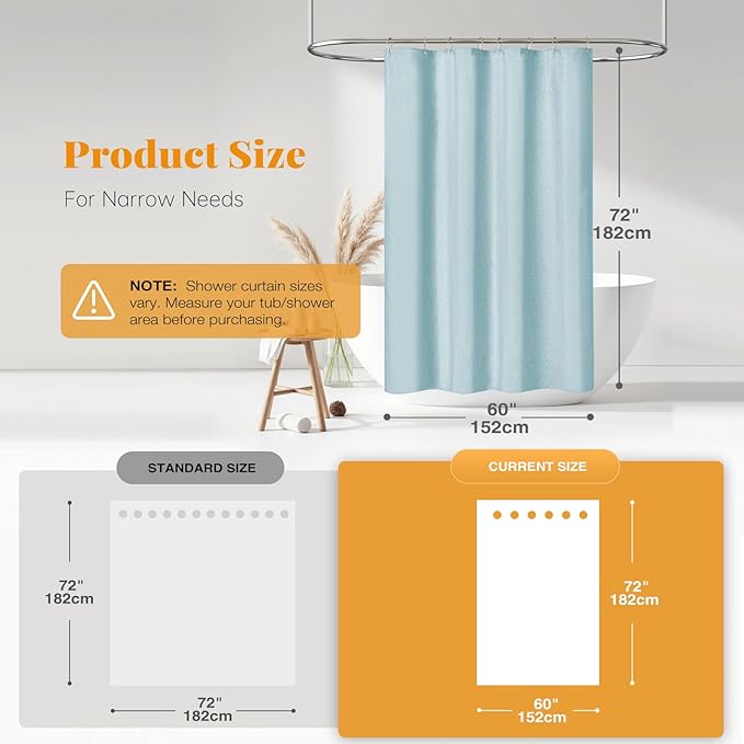 BTTN Stall Fabric Shower Curtain, 60 Inch Linen Textured Heavy Duty Small Cloth Shower Curtain Set with 10 Plastic Hooks, Narrow Simple Modern Weighted Shower Curtains for Bathroom - 60 x 72, Fog Blue