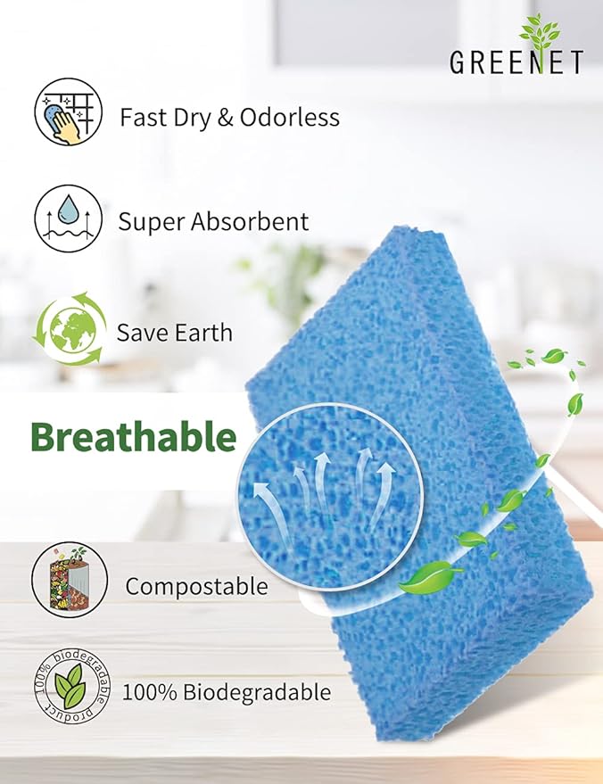 Cellulose Sponges Kitchen, for Washing Dishes, in Bulk, 24 Pack (3 Count x 8 Individually Wrapped + 2 Free Scouring Pads), 100% Natural Biodegradable