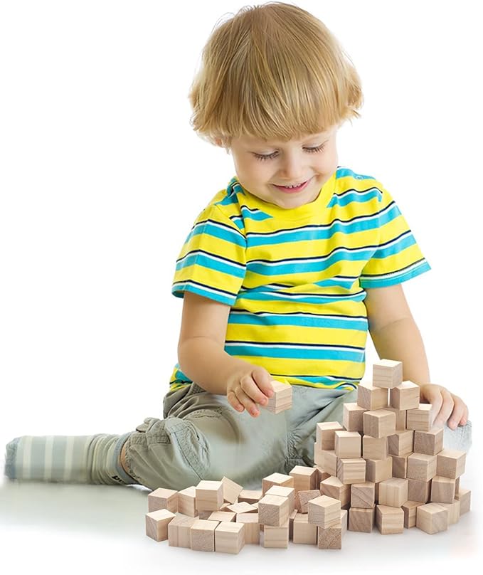 Wooden Blocks for Crafts 3/4 inch, 100PCS Small Unfinished Solid Wood Cubes Blank Natural Wood Square Blocks for Crafting, Baby Shower Decor, DIY Projects, Puzzle Making, Alphabets, Stamps