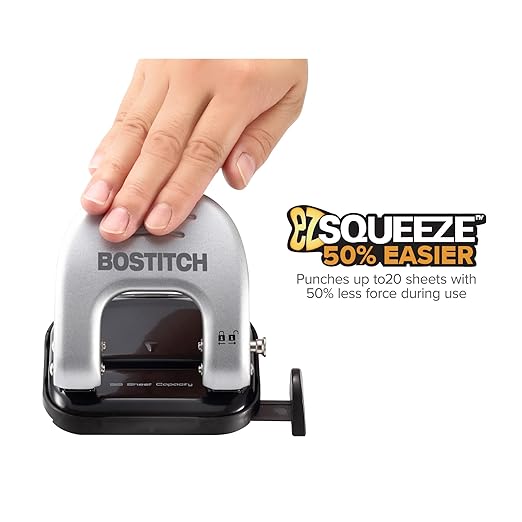 Bostitch Office EZ Squeeze Reduced Effort 2-Hole Punch, 2 Sheets, Locking Handle, Silver (231)
