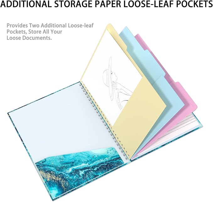 Rimilak Spiral Clipboard Folio with Refillable Lined Notepad, 14.5 x 9.8 In, Hardcover Cover with 5 Interior Pockets, Elastic Band and Pen Loop Series. Cute Stylish Clipfolio, Teal Marble