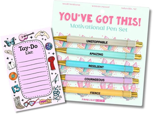 Moonlight Makers Funny Pens and Notepad Stationery Set - Set of 5 You've Got This Engraved Ballpoint Pens with Black Ink, Tay-Do List Notepad, Cute Desk Supplies & Funny Work Gifts for Women