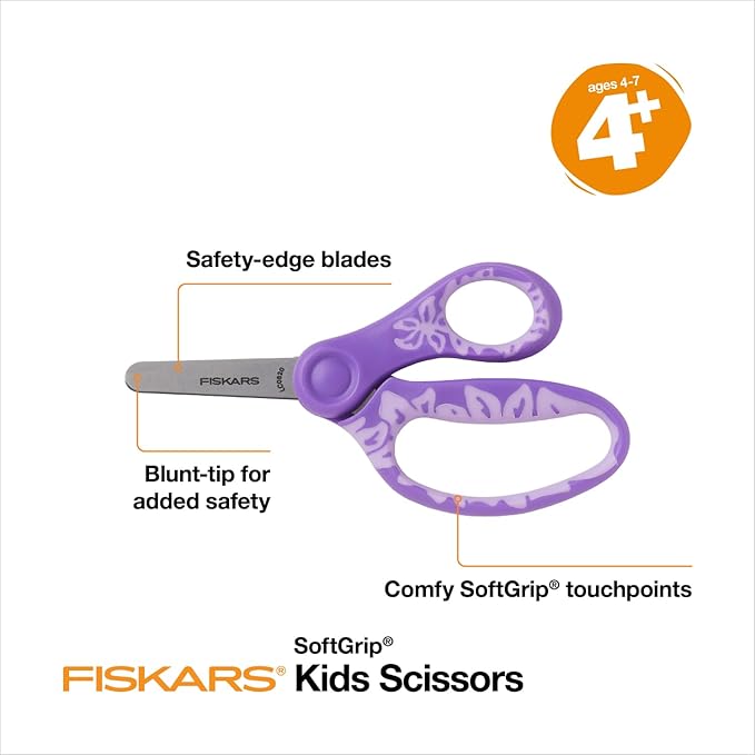 Fiskars 5" SoftGrip Blunt-Tip Scissors for Kids Ages 4-7,Scissors for School or Crafting,Back to School Supplies,Blue,Purple,and Pink Designs,3 Count (Pack of 2)