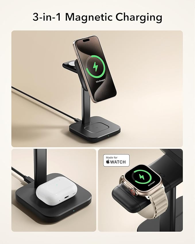 ESR for 3 in 1 Wireless Charging Station, Certified Apple Watch Charger, 15W MagSafe Charger Stand for iPhone, Wireless Charger for Multiple Devices iPhone 17/16/15/14/13, Watch, AirPods, Black