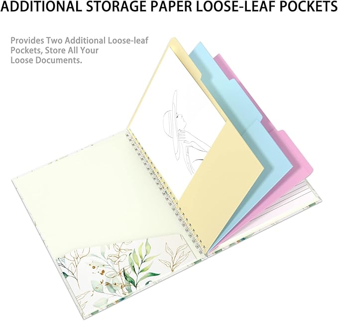 Rimilak Spiral Clipboard Folio with Refillable Lined Notepad, 14.5 x 9.8 In, Hardcover Cover with 5 Interior Pockets, Elastic Band and Pen Loop Series. Cute Stylish Clipfolio, Bohe Leaves