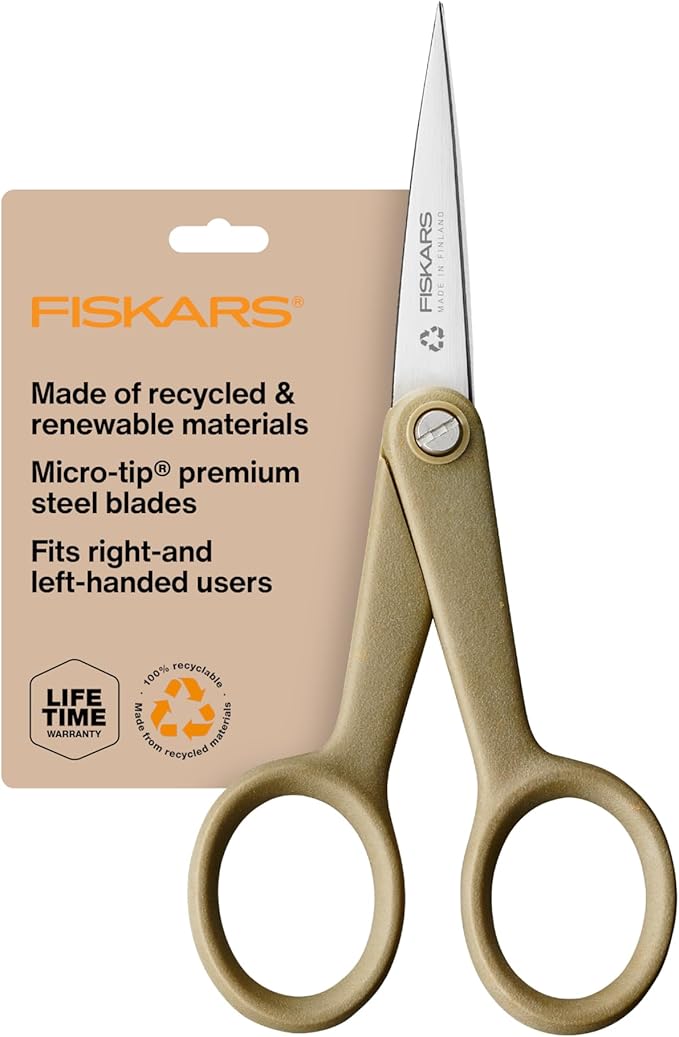 Fiskars 5" Recycled Micro-Tip Fabric Scissors - Sustainable, Sharp, Detail Craft Scissors for Embroidery and Sewing - Craft and Fabric Cutting - Beige