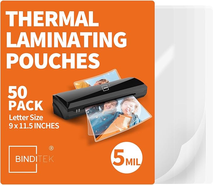 Binditek Laminating Sheets 5 Mil, Universal Fit for All Thermal Laminators, 50 Pack Thermal Laminating Pouches, Letter Size 8.5 x 11 in, Clear Glossy