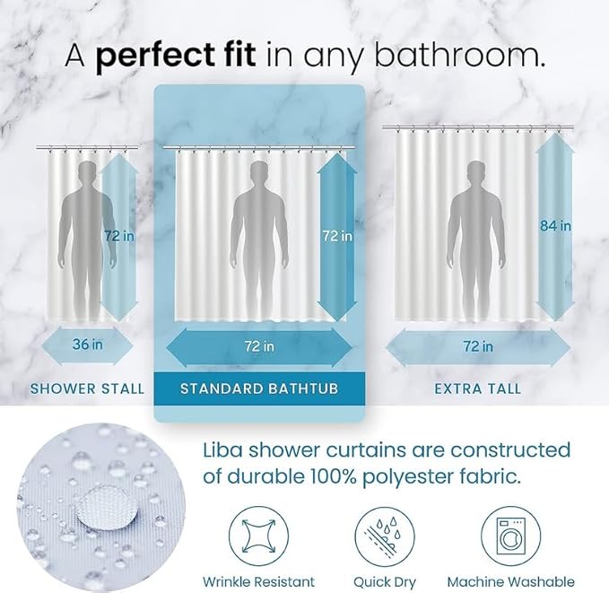 LiBa Fabric Bathroom Shower Curtain, 72" W x 72" H White Heavy Duty Waterproof Shower Curtain Liner