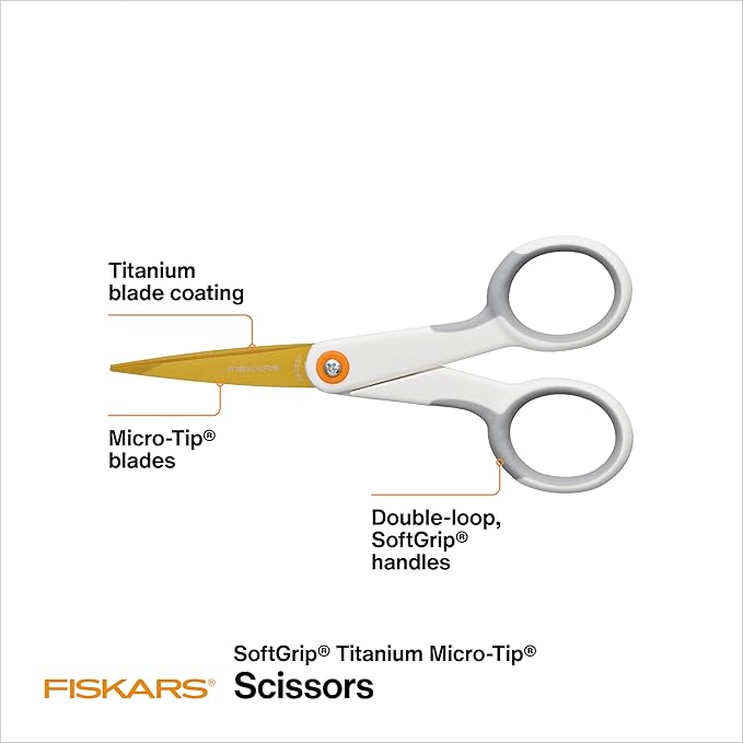 Fiskars Micro-Tip Scissors, Precision Cutting Shears, Titanium Blades & SoftGrip Handle for Intricate Cuts, 5”, White/Gray