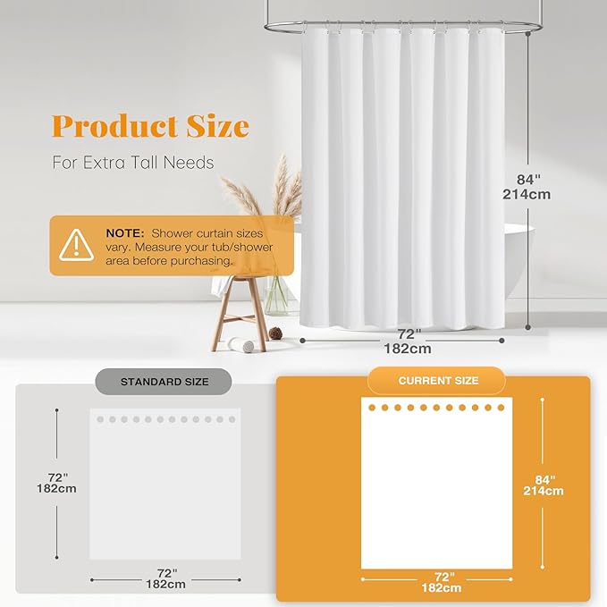 BTTN Extra Long Fabric Shower Curtain - 84 Inches Long Linen Textured Heavy Duty Cloth Shower Curtain Set with 12 Plastic Hooks, Large Hotel Luxury Polyester Bath Curtains for Bathroom(72"x84", White)