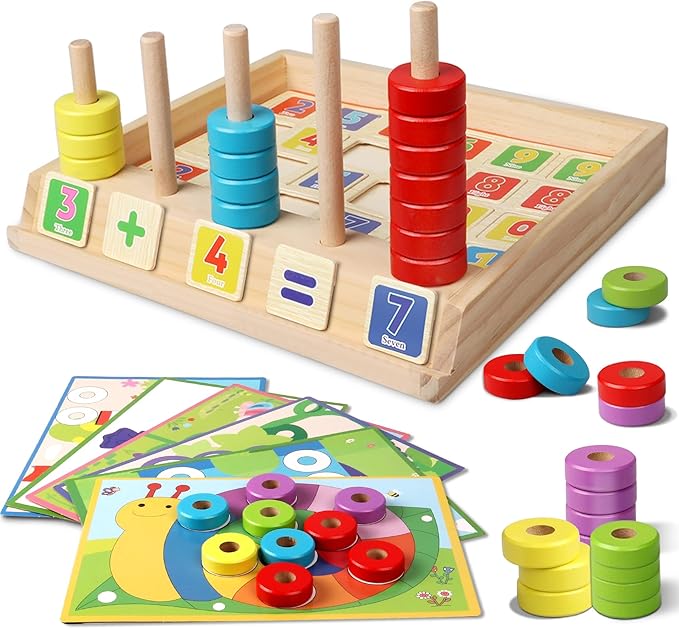 Lydaz Toddler Montessori Math Toys, Wooden Math Manipulatives with Counting Number Blocks, Preschool Kindergarten Learning Activities, Educational Math Toy for Kids 2-5, Christmas Stacking Puzzle Toy