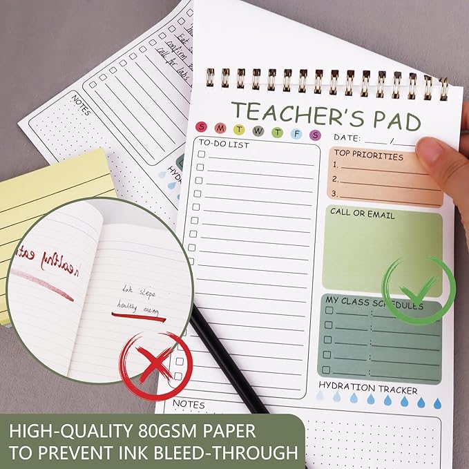 Newkita Teacher To Do List Notepad, 8.3x5.8 Inch Teacher Notepad, Spiral Checklist Notebook for Class Schedules, Daily Planner, School Tasks and Goal Setting (Green)