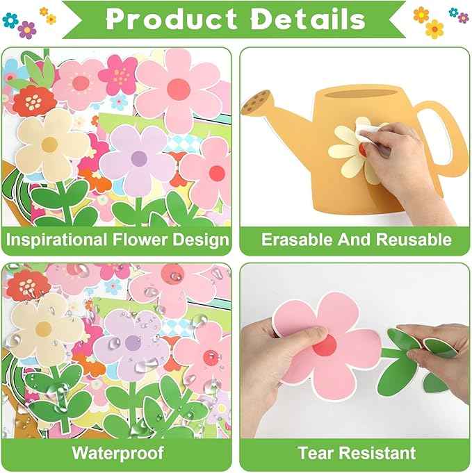 Spring Floral Bulletin Board Set Plant Kindness Colorful Flower Paper Cutouts Motivational Plants Classroom Decoration for Summer Wall Door Decor Kindergarten Back to School Supply