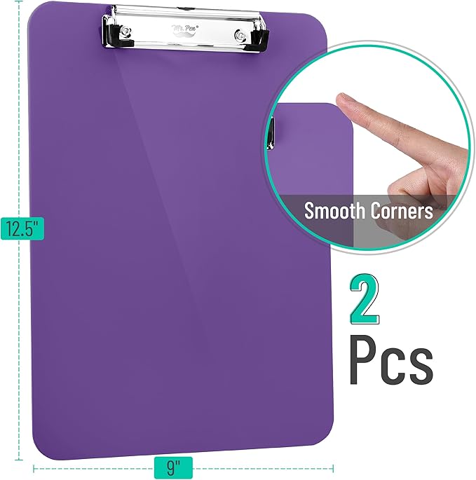 Mr. Pen- Plastic Clipboard, 12.5" x 9", 2 Pack, Clipboard Plastic, Low-Profile Metal Clip with Retractable Hanging Hole