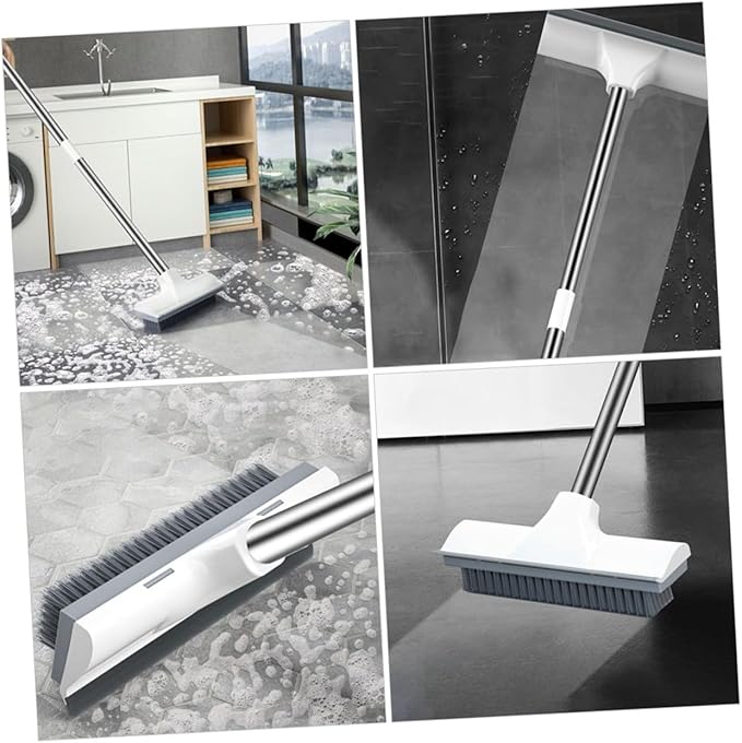 Extendable Long Handle Floor Scrubbing Brush with Stiff Bristles for Bathroom Tile Deck Hard Floor Cleaning and Scraper Dual-use Wide Area Efficient Scrub for Bathtub and Shower