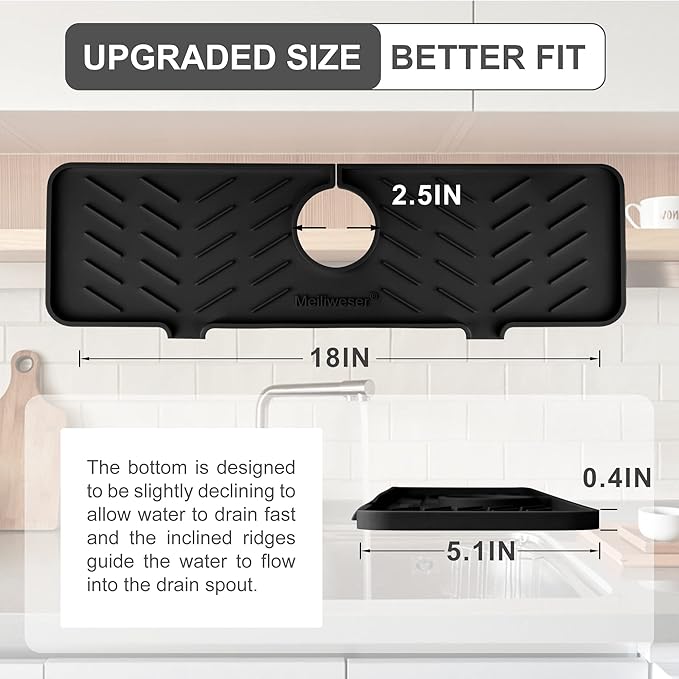 Meiliweser Silicone Faucet Mat for Kitchen Sink – Gen 2 Splash Guard with Upgraded Outlet & Slope – 18” x 5.1” Water Catcher & Sink Sponge Holder for Kitchen and Bathroom (Black)