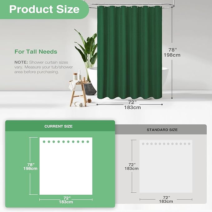 Dynamene Long Fabric Shower Curtain - 78 inch Long Waffle Weave Weighted Cloth Shower Curtains for Bathroom, Neutral Heavy Duty Hotel Spa Luxury Bath Curtain Set with 12 Hooks, 72x78, Dark Green