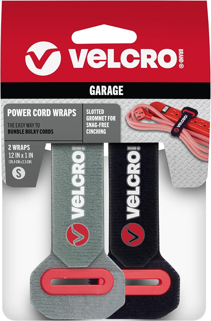 VELCRO Brand Power Cord Wraps | Heavy Duty Straps for Extension Cords, Ropes, Cables | Reinforced Slotted Grommet for Strong Snag Free Cinching | 12 Inch, 2Pk, Black and Gray
