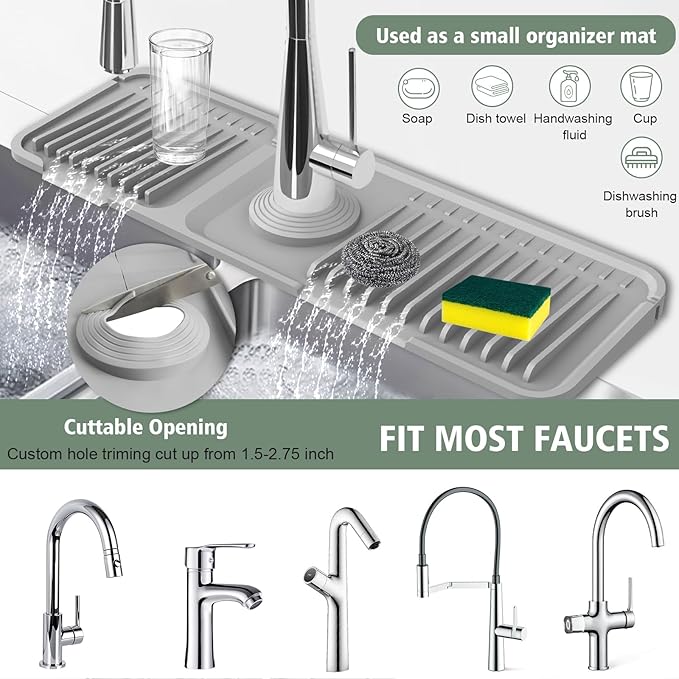 17.7-Inch Kitchen Sink Splash Guard Mat | 7° Slope for Fast Self-Draining | Snap-Lock Design | Universal & Cuttable Silicone Faucet Mat Gray