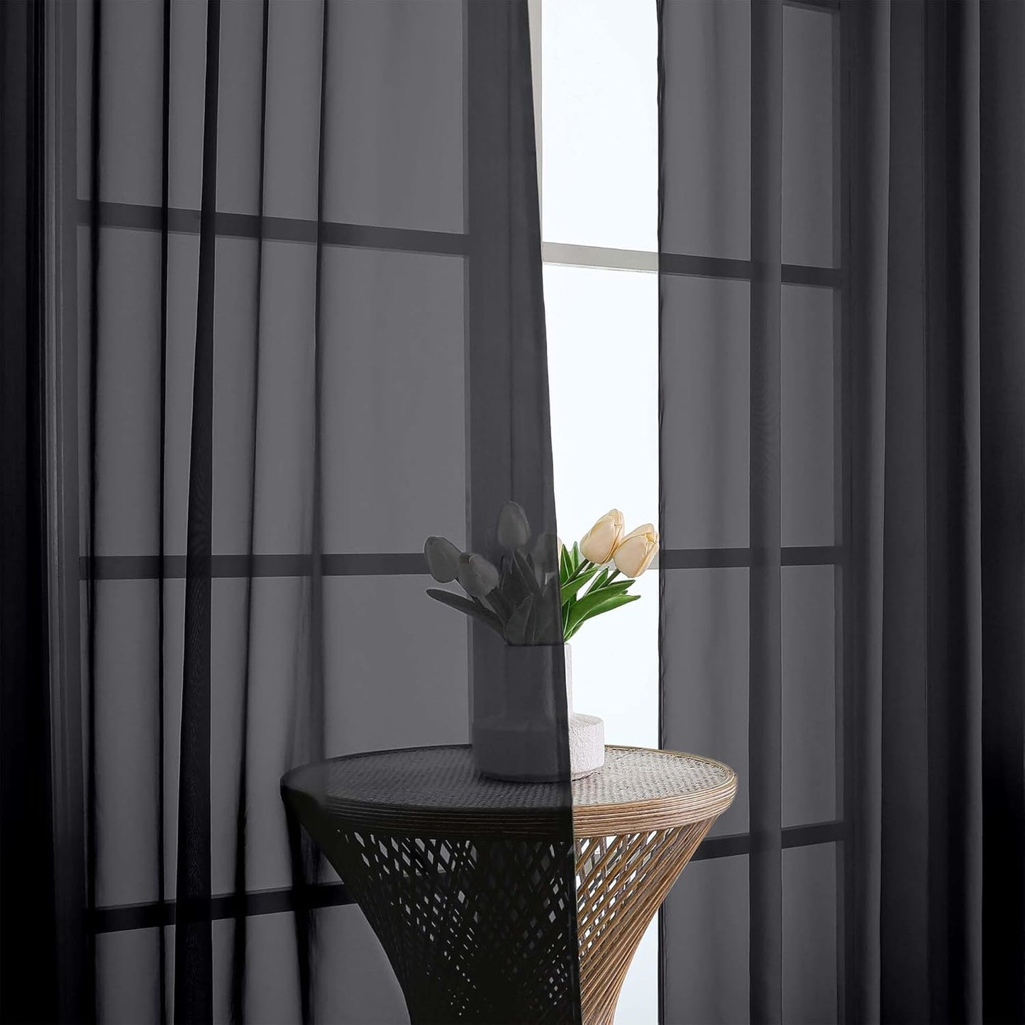 Chyhomenyc Black Sheer Curtains 90 Inches Long 2 Panels, Light Filtering Black Curtains for Living Room, Soft Gentle Voile Rod Pocket Bedroom Window Drapes, 59Wx90L Inch, 2PCS