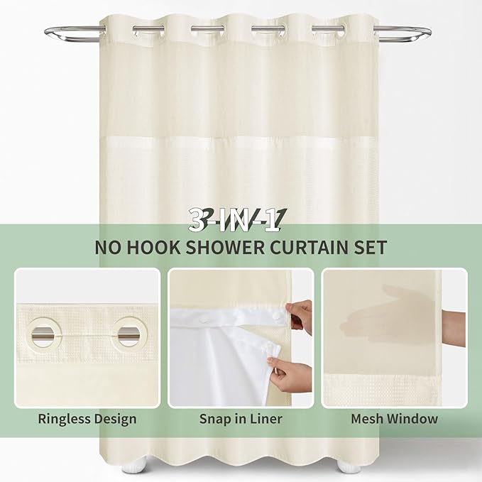 Stall No Hook Shower Curtain with Snap-in Fabric Liner Set,Waffle Weave Shower Curtains for Bathroom,Hotel Luxury Decor Bathroom Curtain Set,Waterproof & Washable,Cream,54Wx80H