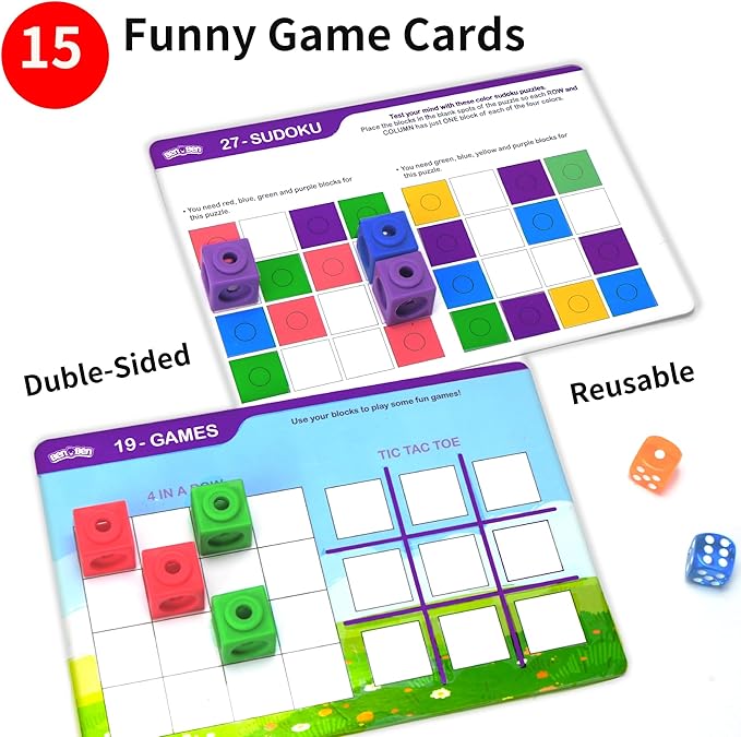 BenBen 100pcs Linking Cubes with 15 Double-Sided Activity Cards - Math Manipulatives for Kids Ages 4-8, Counting Blocks for Kindergarten, Snap Cubes STEM Educational Toy for Classroom & Homeschool