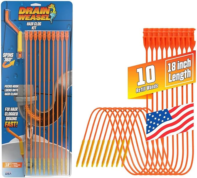FlexiSnake Drain Weasel Sink Snake Hair Clog Remover Tool, Sink, Pipe, Bathroom, Bathtub Drain Cleaner, 18-inch Long, Flexible, Made in The USA, 10 Pack Wand Refills and Removable Handle