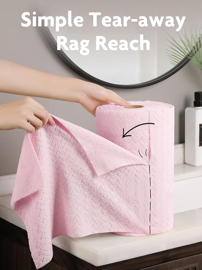 Fantasticlean Microfiber Cleaning Cloth Roll, 16" x 12"- 50 Sheets, Reusable Tear Away Microfiber Towels, Ultra Absorbent Dish Rags for Car, Home or Office (Pink Ripple)
