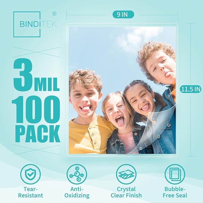 Binditek 100 Pack 3 Mil Thermal Laminating Pouches, 9x11.5 Inches Laminating Sheets, for Letter Size, Ultra Clear, Glossy, Hold 8.5x11 Inches, Heat Seal, Office School Supplies