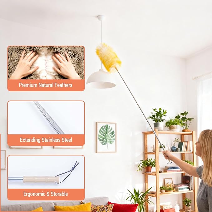Cedenoo Lambswool Duster Extendable 22–55 Inch Natural Wool Duster with Flexible Head for Ceilings Furniture Blinds Electronics Washable Reusable