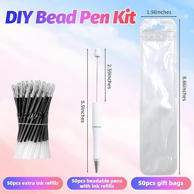 150 Pieces DIY Beadable Pen Kit – 50 Plastic Ballpoint Pens with Refills & Bags – School Supplies, Office Accessories & Decorative Items for Students & Teachers （White）