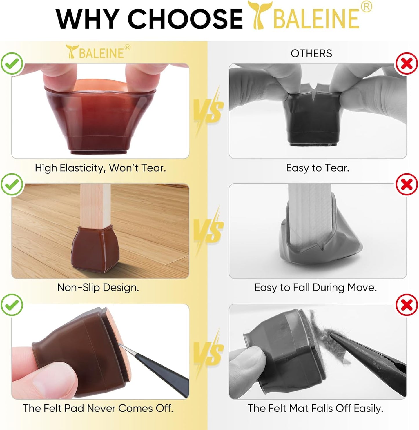 BALEINE 32 Pack Silicone Chair Leg Floor Protectors, Stool Leg Protectors Cap, Non-Slip Chair Leg Caps for Hardwood Floors (Brown & Small (Square), 32 Pack)