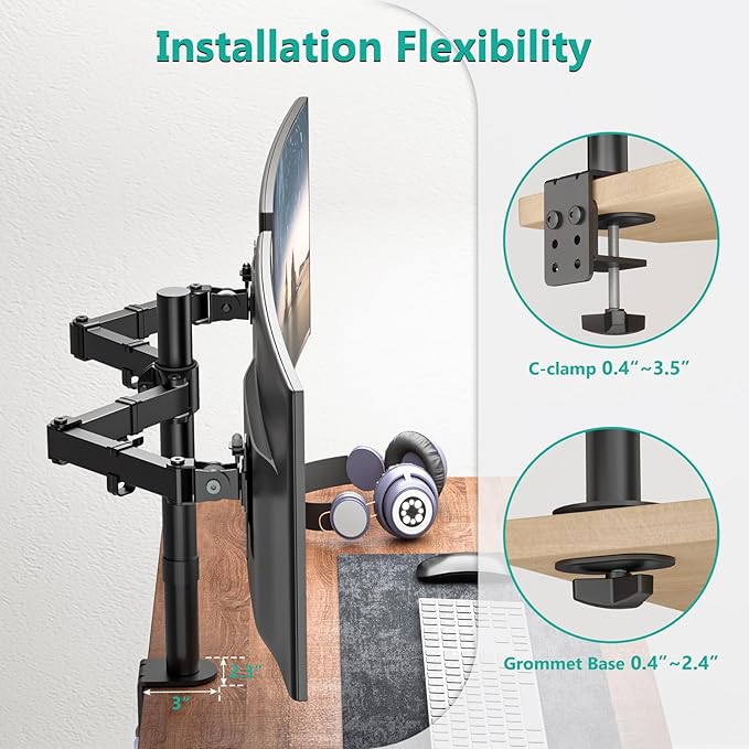 WALI Dual Monitor Stand for Desk, Dual Monitor Mounts for 2 Monitors up to 27 inch, 2 Monitor Desk Mount Holds up to 22 lbs, Height Adjustable Swivel Tilt Rotation, 75x75/100x100mm (M002), Black